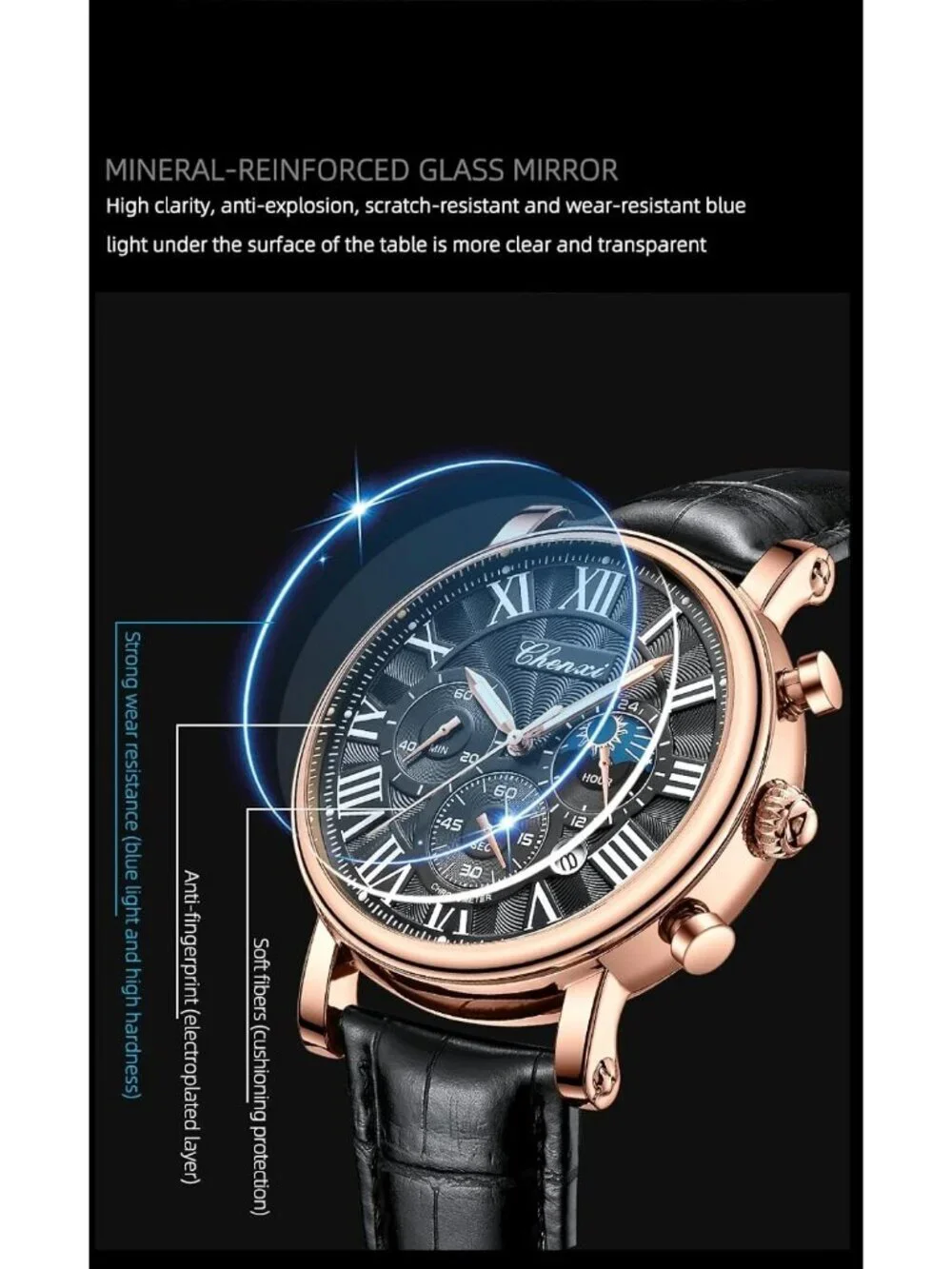 Men's Rose Gold Black Leather Multifunctional Military Analog Chronograph Watch